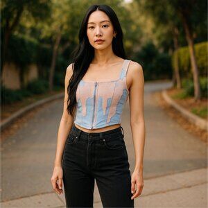 Sugar Thrillz Sequin Bustier Denim Crop Top w/ Zipper Front & Pink Sparkle – S